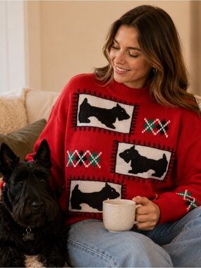Vintage Karen Scott Scottish Terrier Scotty dog Argyle Sweater Medium
